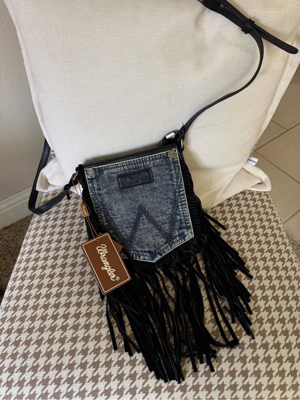 Wrangler Washed Blue Denim and Black Crossbody Bag with Logo Patch - Picture 2 of 5
